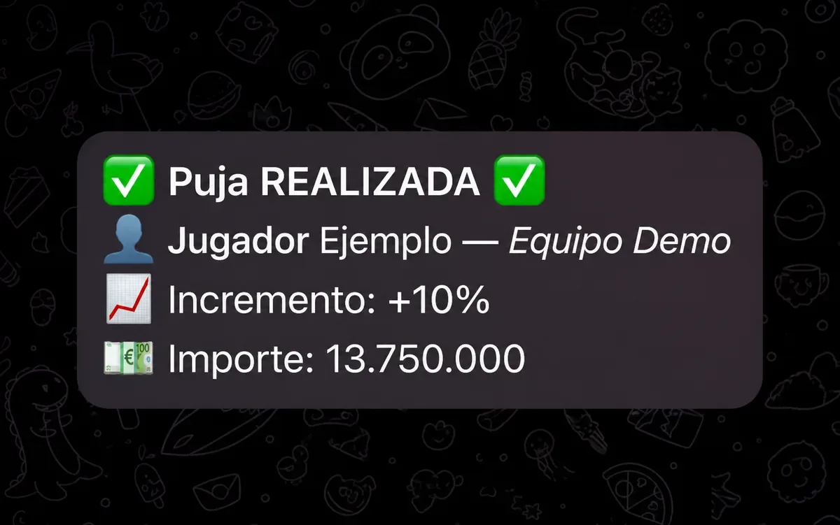 Confirmación en Telegram de una puja realizada mediante el bot de Futmondo
